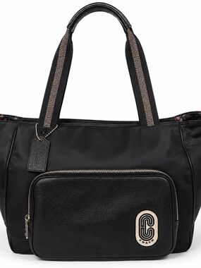 Coach Black Nylon Tote with Black Leather Front Pouch and Metallic Trim